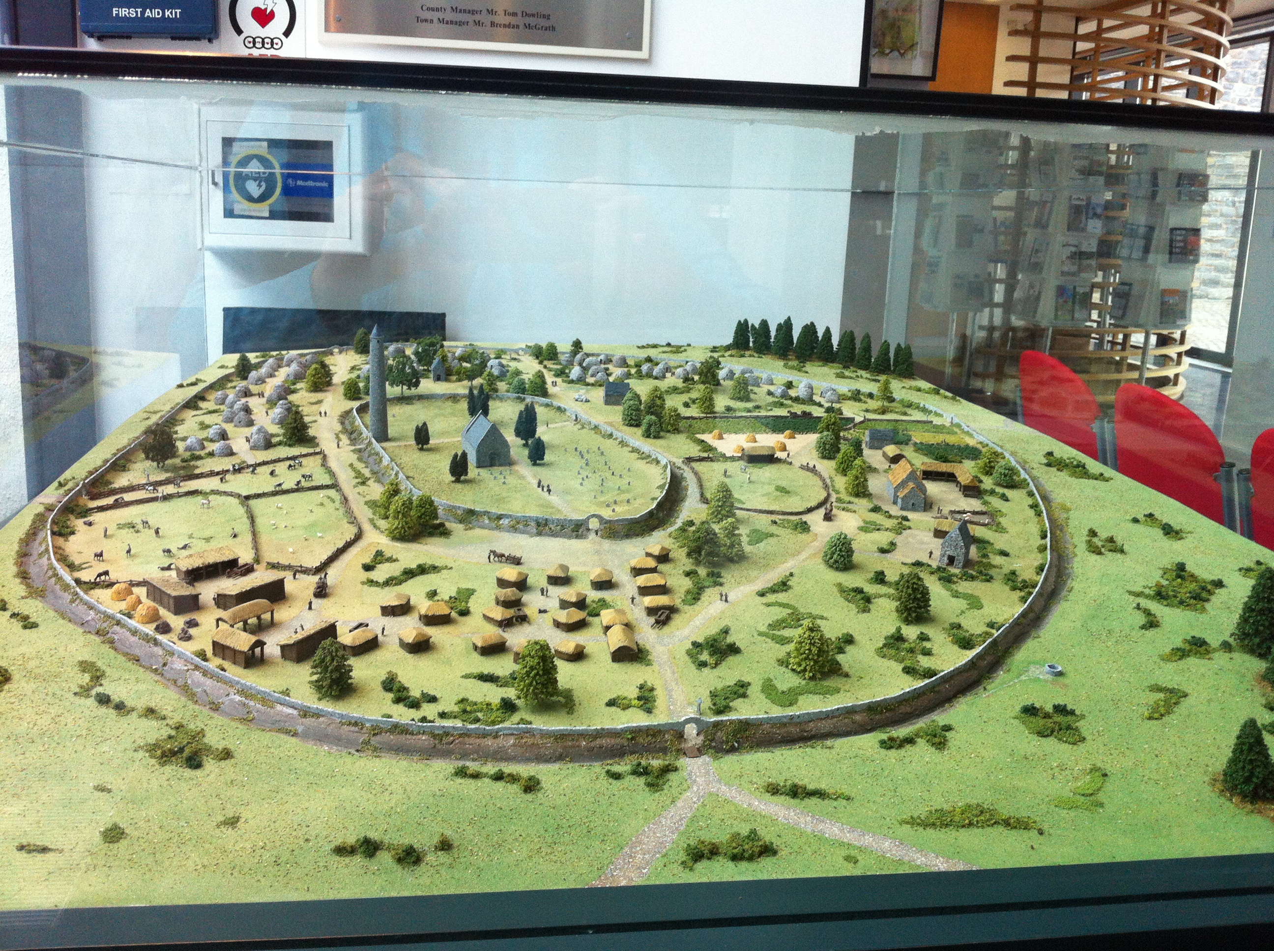 In the tourist information center in Kells, Co Meath, is a scale model of the monastery of Kells as it may have looked in the 6th century. Photo by Annis Householder.